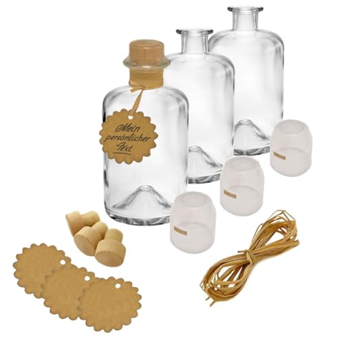 Geniess-Bar! 5x Apothekerflasche 200ml leer Geschenk Komplettset Apotheker Glas Flasche mit Anhänger Kapsel transparent Korken Bast zum selbst befüllen Apothekerflaschen