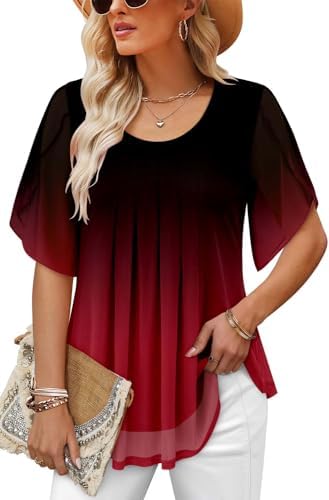 CHICZONE Women Summer Short Sleeve Shirt Round Neck Double Layers Mesh Blouse Trendy Pleated Tunic Tops