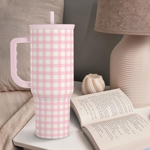 Pink Gingham 40oz Slider Tumbler with Handle and Straw - Insulated Stainless Steel Travel Coffee Mug for Women Girls, Gift for Birthday, Christmas by SANDJEST - Image 8