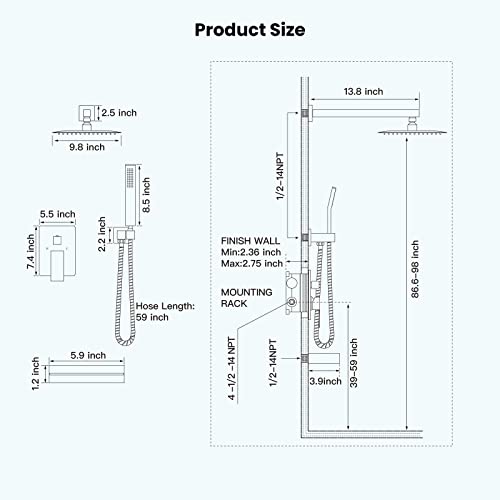 Gotonovo Matte Black Rain Mixer Shower Faucet Set With Waterfall Tub Spout 10 Inch Square Rainfall Shower Head With Handheld Spray Wall Mounted Rough-In Valve And Trim Included #TOP5