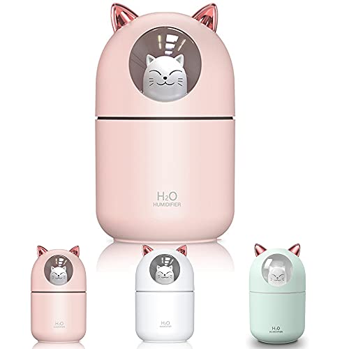 Lindo humidificador de gato, lindo humidificador de mascotas mini humidificador de niebla fría con modo de niebla ajustable con luz nocturna para dormitorio bebé 300 ml humidificador(rosa) Cover