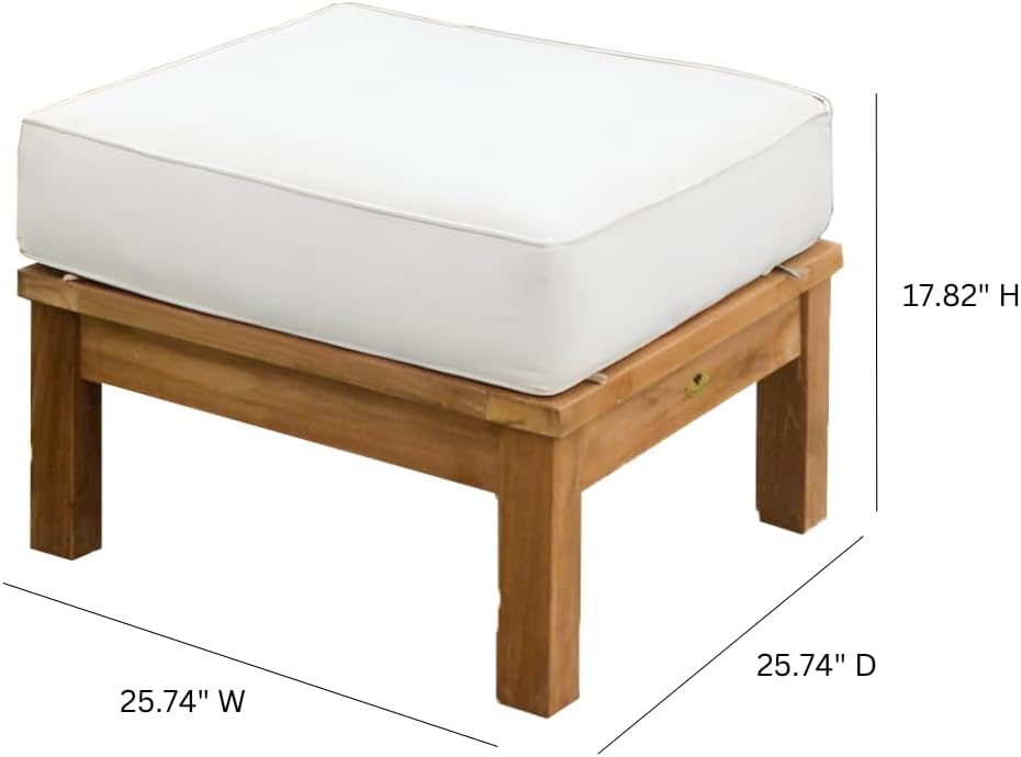 Alveare Home Alcove Outdoor Ottoman – Grade-A Teak Frame with All-Weather Sunproof Cushion, Stainless Steel Hardware, Classic Patio Seating or Footrest, White