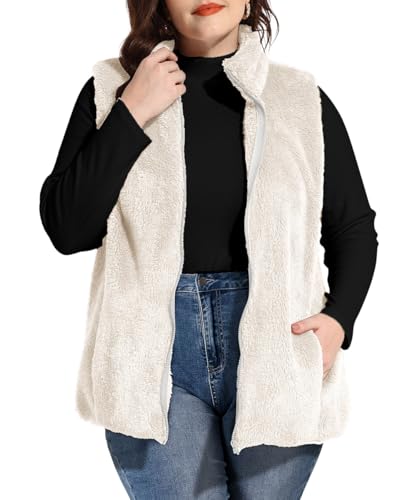 CARCOS Plus Size Fleece Vest for Women Sherpa Sleeveless Jackets Coats Fuzzy Vest Waistcoat Outerwear with Pockets XL-5XL