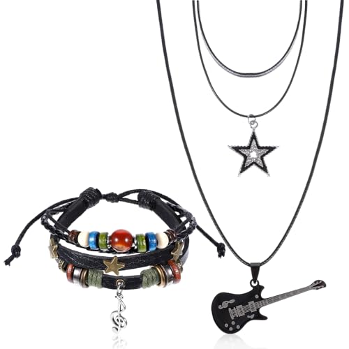 Quilax Y2k Star Necklace Grunge Bracelets Set, Stackable Chunky Star Pendant Grunge Jewelry Y2k Gothic Swirl Stars Necklaces, Punk Rock Roll Music Guitar Grungee Accessories for Women Men