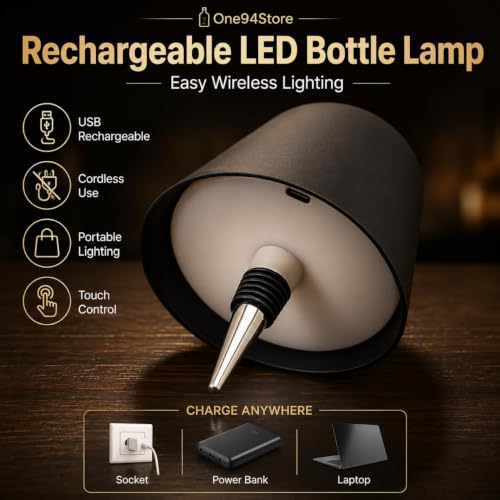 Image of One94Store Wireless Bottle Lamp, Rechargeable Cordless LED Table Lamp with 3 Colour Modes, Touch Dimming, Portable Battery Desk Night Light for Cafe, Restaurant, Bedroom & Living Room, Black.