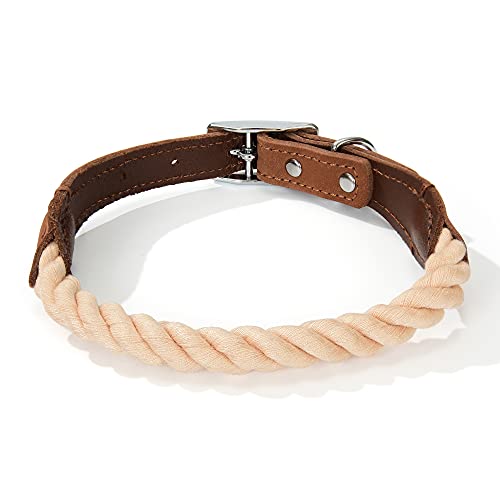Mile High Life Rope Dog Collar | Durable Braided Cotton Rope Collars | Genuine Leather Dog Collar w Metal Pin Buckle | Classic Puppy Collars for Medium Dog (Light Brown)