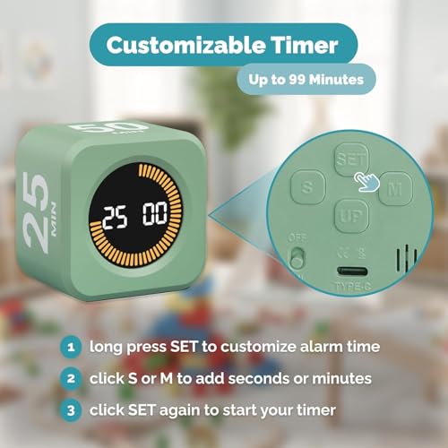 Image of KADAMS Pomodoro Cube Timer Productivity Visual Timer - 5 /10 /25 /50 Min Rotating Countdown (1, Green)