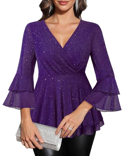 Lotusmile Women's Dressy Blouses Ruffle 3/4 Sleeve Peplum Sparkly Tops2