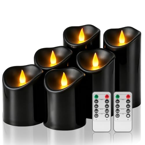 Image of Flameless Candles 4 inch 5 inch 6 inch Set of 6 Outdoor Indoor Pillars Battery Operated Flickering Candles Include 8-Key Remote Timer Function, Black Fake Plastic Candles for Wedding, Aniversary,Christmas Decor