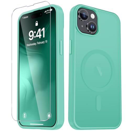 Image of YENAPOON for iPhone 15 Plus Case, iPhone 14 Plus Case, Matte Magnetic Phone Cover with 1 Screen Protector [Support for MagSafe] [Shockproof Military Grade Protection] Translucent Frosted Back, Teal