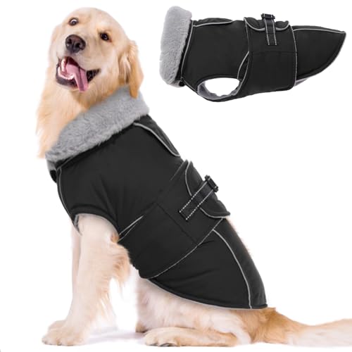LeLePet Waterproof, Windproof Dog Coat (Black, 2XL) - Reflective, Adjustable, Polyester Cold Weather Coat with Fleece Lining for Large Dogs 2XL Black