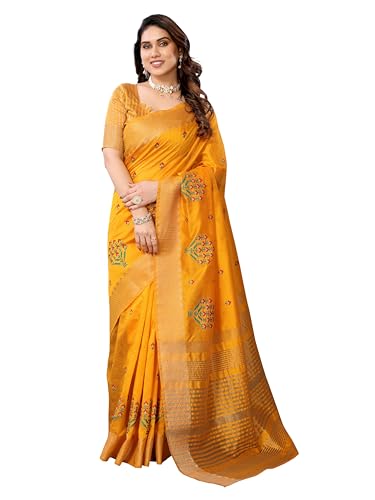 Image of StyleScope Women's Assam Cotton Silk Golden Boarder Thread Embroidered Saree With Unstitched Blouse Piece (Ulajh)