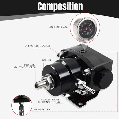 YESHMA EFI Fuel Pressure Regulator Kit 0-100psi with Gauge 6AN Fuel Line Fitting Universal Adjustable Aluminum (Black) by YESHMA - Image 2