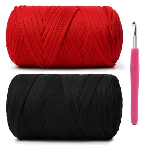 Image of 2 Pack Soft Tshirt Crochet Yarn, 800g /228 yds High Elastic Hand Knitting Yarns, Thick T Shirt Yarn for Crocheting Bags, Baskets, Cushions, DIY Crafts(Red+Black)