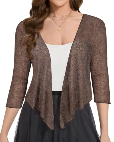 Image of Women Crop Cardigan Sheer Mesh Bolero Shrug for Dress Tie Front 3 /4 Sleeve Tops