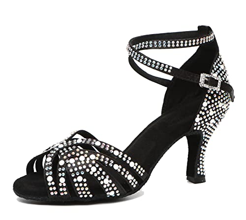Chaussures de danse latine femme L506 sandales paillettes noir talon 7.5cm