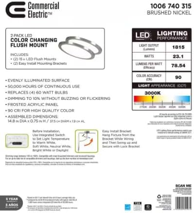 Commercial Electric 15 in. Brushed Nickel New Ultra-Low Profile Integrated LED Flush Mount 5CCT (2-Pack)