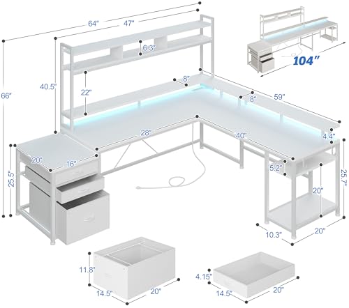Image of EnHomee 104''L Shaped Desk with 4 Layouts,Outlet for Two Person Home Office | 4 Layout Sizes 64''-104'', Multi-Room Compatibility, 4 AC+2 USB Outlet, Multi-Monitor Stand, Simultaneous Work and Charging