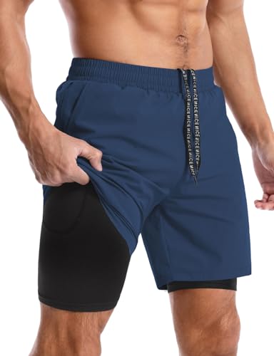 Aolesy Pantaloncini da corsa 2 in 1 da uomo, 17,8 cm, ad asciugatura rapida, per allenamento, palestra, con tasche, pantaloncini da tennis, atletica con fodera, Blu navy, XX-Large