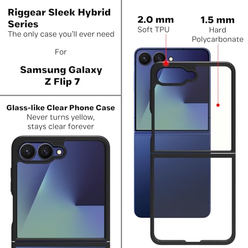 Image of RIGGEAR Shockproof Sleek Hybrid Armor Back Cover Case for Samsung Galaxy Z Flip 7 (Black TPU Bumper and Clear PC)
