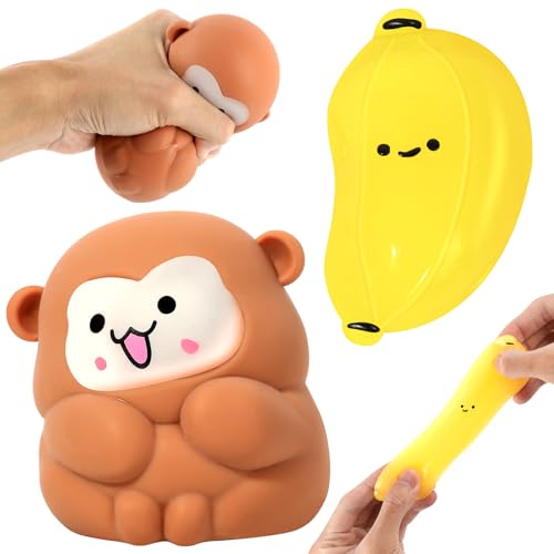 2Pcs Monkey Banana Squishy Toy Kawaii Animals Fidget Sensory Toys Decompression Venting Toy Stress Relief Squishies Soft Silicone Squeeze Gifts for Adults Birthday Party Favors Anxiety Relaxing