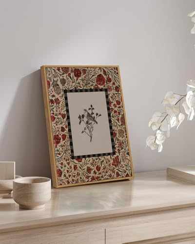 Image of KISSFOX Vintage Framed Wall Art Decor Rustic Flowers Birds Pictures Wall Decor Botanical Floral Canvas Art Prints Red Natural Farmhouse Paintings Artwork For Bedroom Kitchen Living Room
