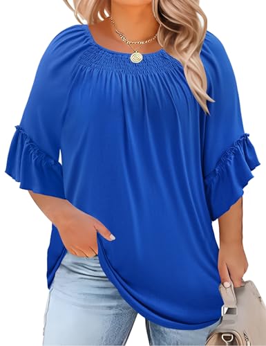 Image of Micoson Womens Plus Size Tops 3 /4 Ruffle Sleeve Crewneck Pleated Shirts
