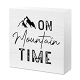 Gejoyse Mountain Decor, On Mountain Time Sign, Camper Rv Camping Decor, Adventure Forest Decor, Nature Woodland Decor, Mountain Home Office Desk Room Table Cubicle Shelf Decor 5 X 5 Inch