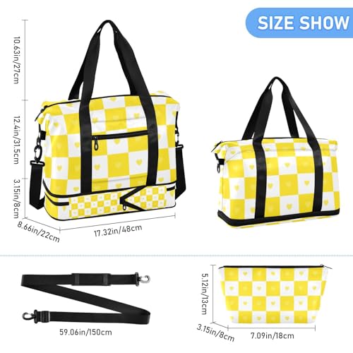 Buffalo Plaid Check Gold White Heart Gym Tote Bag Sport Training Bag with Adjustable Strap for Gym Multifunctional3
