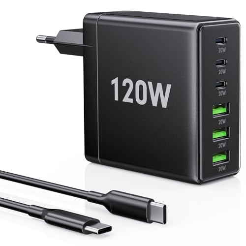 FINIBO 120W USB C Ladegerät 6 Ports Multiport Schnellladegerät mit Intelligenter Leistungssteuerung PD3.0 & QC4.0 Unterstützung Kompaktes Ladegerät für iPad & Smartphone