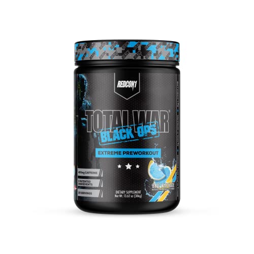 REDCON1 Total War Black Ops Extreme Preworkout Powder, Blue Lemonade, High Stimulant, 400 mg Caffeine, NO3-T Nitrates + L-Citrulline, Increase Blood Flow, Muscle Pumps (20 Servings)