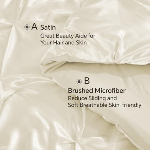 Image of BEDELITE Satin Comforter Set Queen Size, 7 Pieces Pintuck Bed in A Bag with Comforter, Flat Sheet, Fitted Sheet, Pillowcases, Shams, Soft Similar to Silk Bed Set for All Seasons (Ivory White)