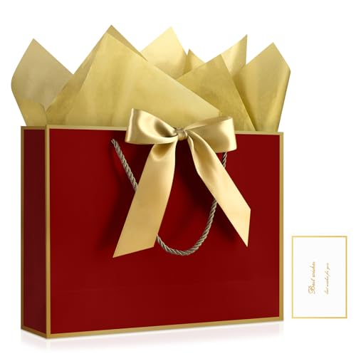 Image of JMANNI Mothers Day Gift Bags with Handles, 13 inch Medium Gift Bag for Presents, 1 Pcs Bags with 2 Tissue Paper and 1 Cards for Baby Shower Wedding Bridal Shower Mother's Day Birthday Party (GoldenRed)