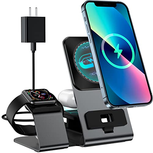 3 In 1 Wireless Charging Station For Apple Multiple Devices,Magnetic Aluminum Alloy Magsafe Charger,For Apple Watch 8/7/Se/6/5/4/3/2, Iphone14/13/12/11/Pro/Xs/Xr/8,Airpods Pro/3/2（With 20W Pd Adapter） #TOP2
