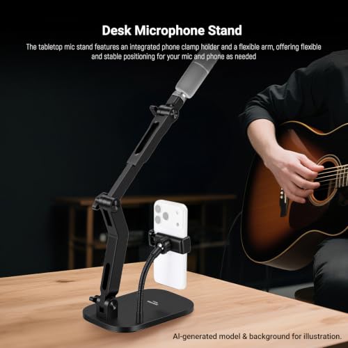 Image of NEEWER Desk Microphone Stand with Phone Clamp & Flexible Arm, Adjustable Table Top Mic Holder Mount with 1 /4 inch to 5 /8 inch Screw Adapter Compatible with Blue Yeti Razer Seiren Mini, Max Load 3.3 lbs, MS022