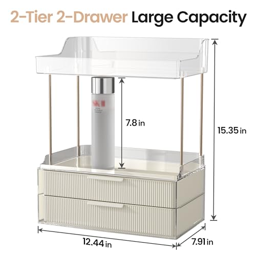 Delamu Bathroom Organizers and Storage, 2-Tier 2-Drawer Makeup Organizer Countertop, Easy to Install, Ideal for Bathroom Storage, Vanity, Large Skincare, Perfume, Present, and More, CreamWhite - Image 3