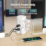 PASSUS Tower Power Bar with Surge Protector,10 FT Long Extension Cord Indoor with 12AC Multiple Outlet and 5 USB(1 USB C) Ports, Power Tower Desktop Charging Station,White
