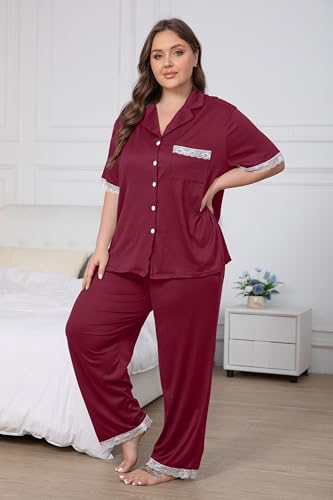 Image of Vozanet Women Short Sleeve Long Pants Pajama Sets Lace Trim Button Down Sleepwear Plus Size Knit Loungewear Sexy Nighty