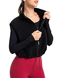 miswek Women's Full Zip Fleece Short Vest Warm Winter Sleeveless Stand Collar Sherpa Crop Coat(Black S)