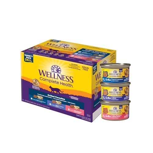 Image of Wellness Complete Health Grilled Favorites Variety Pack Adult Canned Wet Cat Food, Natural, Protein Rich, Grain Free, 3 oz, Pack of 24 Cans