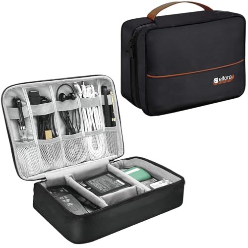Image of Elfora Cable Organizer Bag | Single Compartment Electronics Gadget Case for Cables, USB Charger, Phone, Earphone & Power Bank | Portable Travel Accessory Pouch with Mesh Pockets & Handle Strap (Black)
