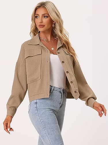 Allegra K Women's Waffle Shacket Jacket Drop Shoulder Pockets Collared Shirt Jackets3