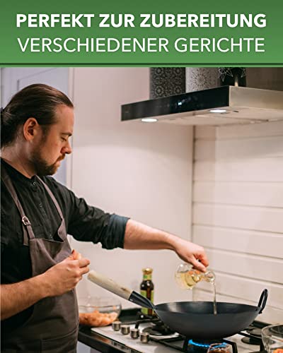 pasoli Wok für Gasherd und Grill inkl. gratis Rezepte eBook - voreingebrannt - Asiapfanne mit rundem Boden - Carbonstahl Bratwok - handgehämmerte Wokpfanne - Durchmesser 36 cm