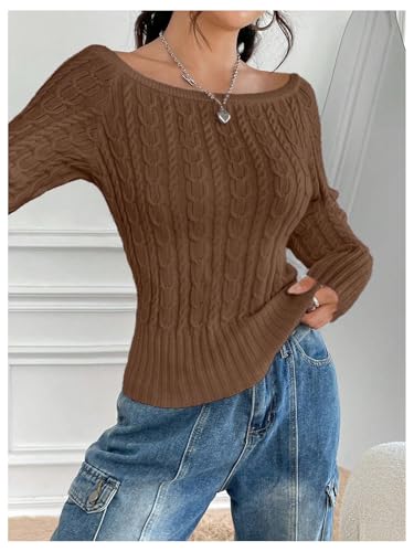 GORGLITTER Women's Off The Shoulder Cable Knit Sweater Long Sleeve Knitted Sweater Pullover Tops3