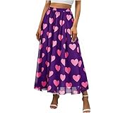 Women Boho Chiffon Skirts, Cute Love Print High Waist Flowy Casual Skirts Going Out Fashion Clothes Purple