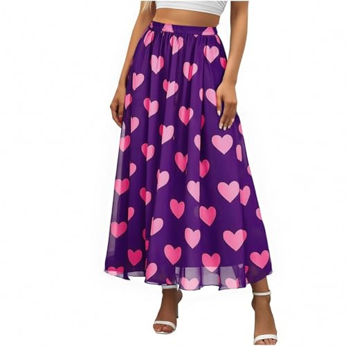 Women Boho Chiffon Skirts, Cute Love Print High Waist Flowy Casual Skirts Going Out Fashion Clothes Purple