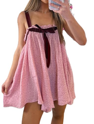 Image of Women Tie Shoulder Mini Dress Floral Ruffle Babydoll Dress Boho Square Neck Sundress Cute Summer Dresses