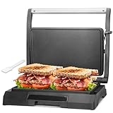 Baker's Friend 2-Slices Panini Press Sandwich Maker, Griddle Press, Electric Griddle Indoor, Panini Maker Cast Iron with Oil Tray, Pancakes & Eggs, Stainless Steel, UK Plug