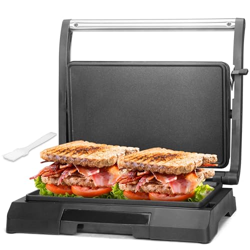 Baker's Friend 2-Slices Panini Press Sandwich Maker, Griddle Press, Electric Griddle Indoor, Panini Maker Cast Iron with Oil Tray, Pancakes & Eggs, Stainless Steel, UK Plug