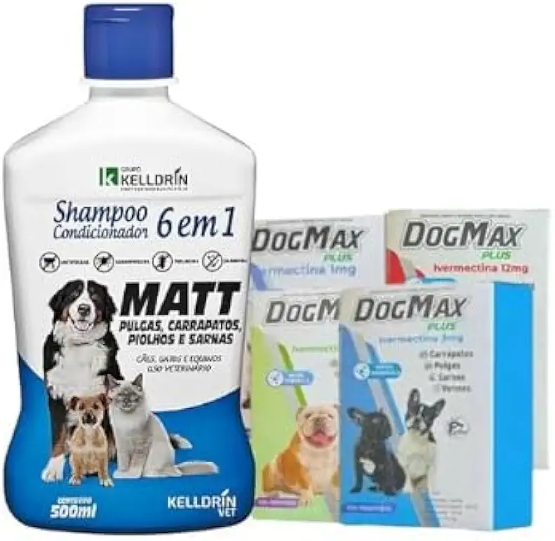 Kit tratamento - Remédio para pulgas, carrapatos, vermes e sarna 4 Comprimidos + Shampoo 6 em 1 (6 a 15kg)